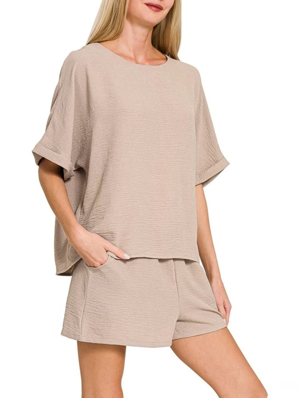 Zenana Outfitters Taupe Short Sleeve Relaxed Tunic Top